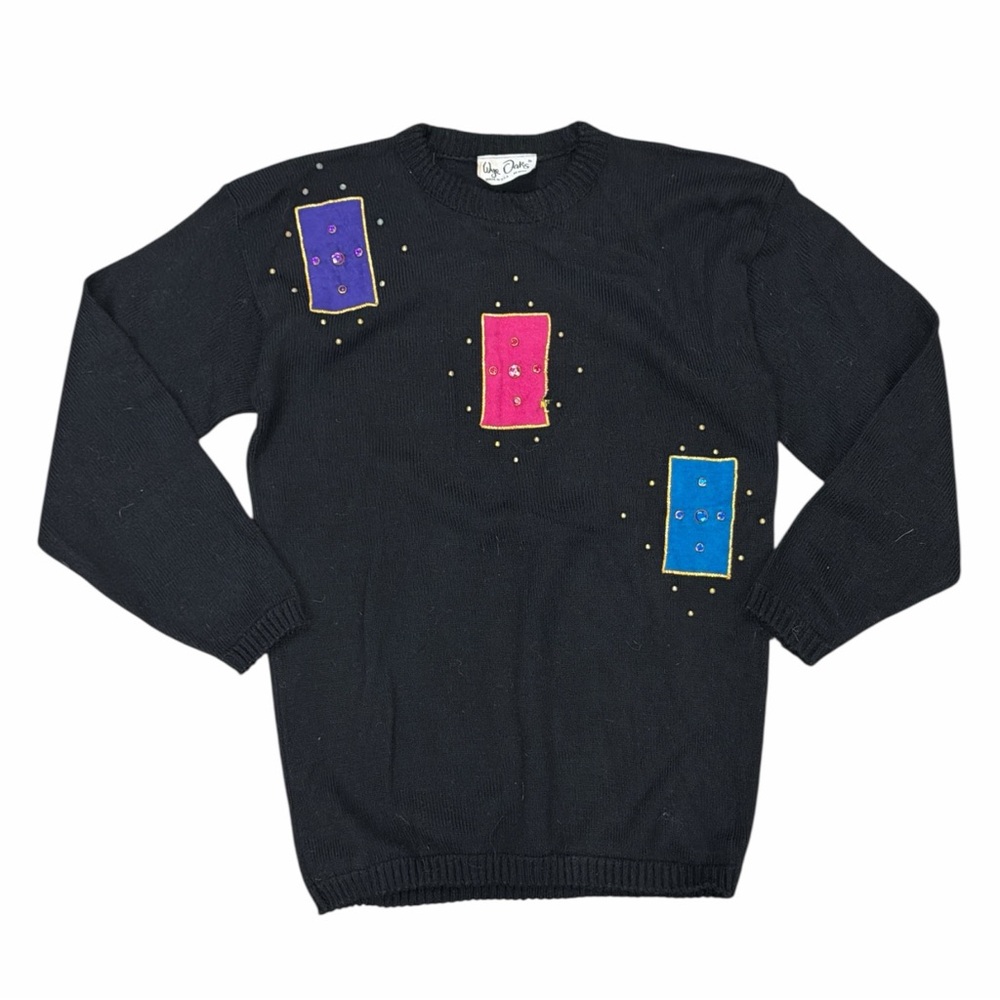 Wye Oaks Vintage Black Sweater with Colorful Geometric Design